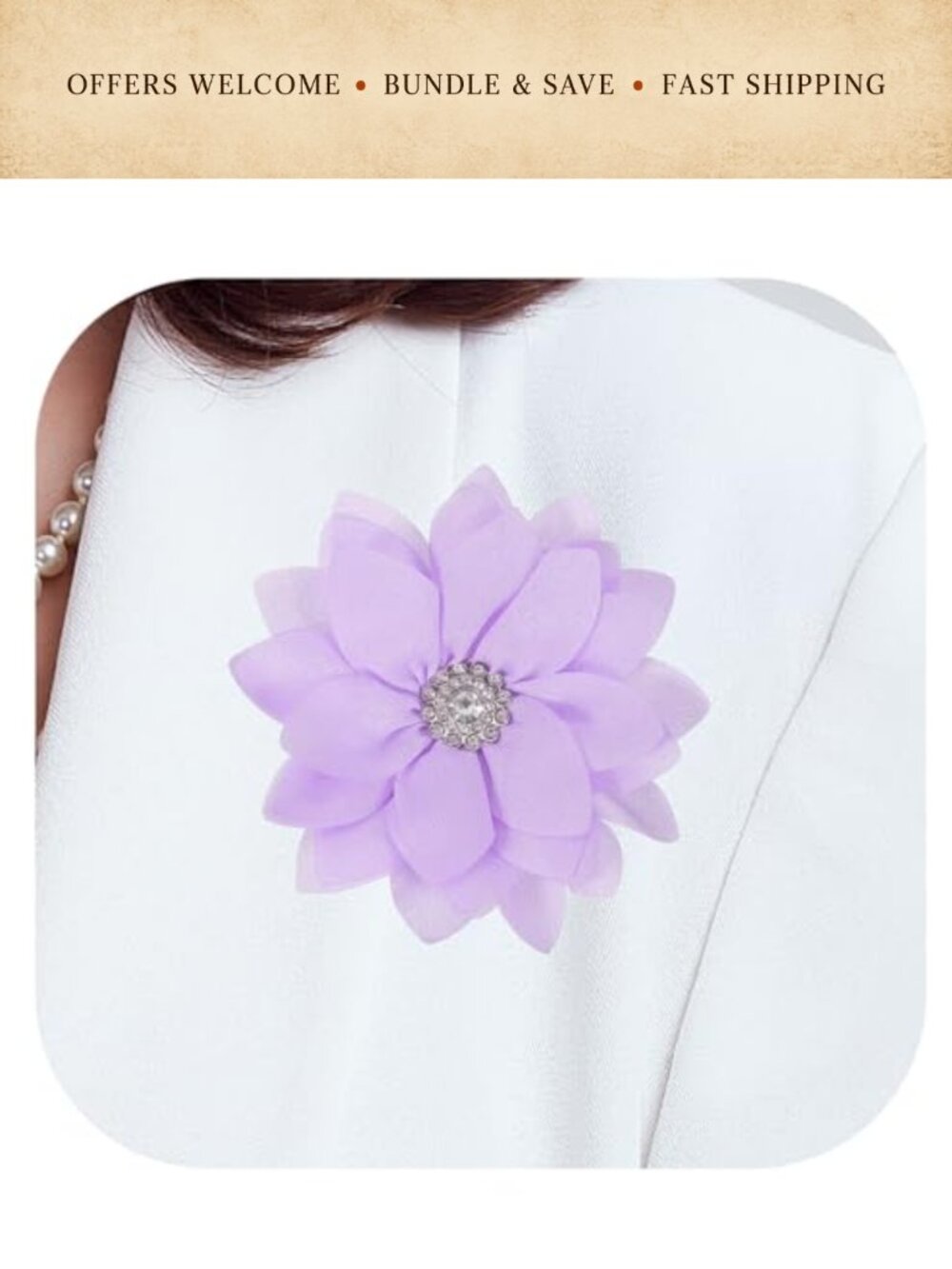 Large Satin Fabric Flower Brooch Pin with Crystal Lotus Design for Women